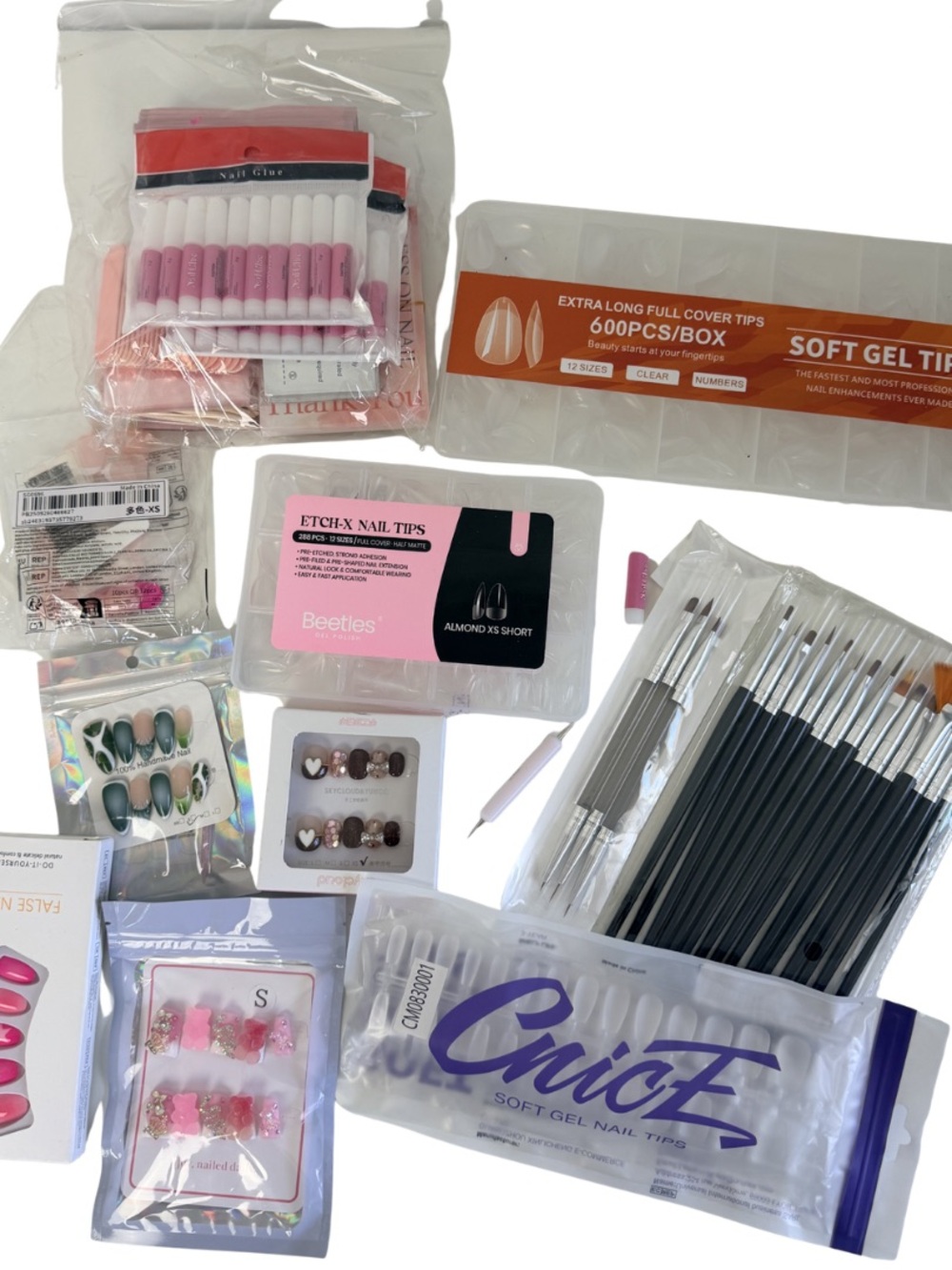 Nail Art Supply Bundle Beetles Soft Gel Tips Press On Nails Glue Brushes Lot DIY